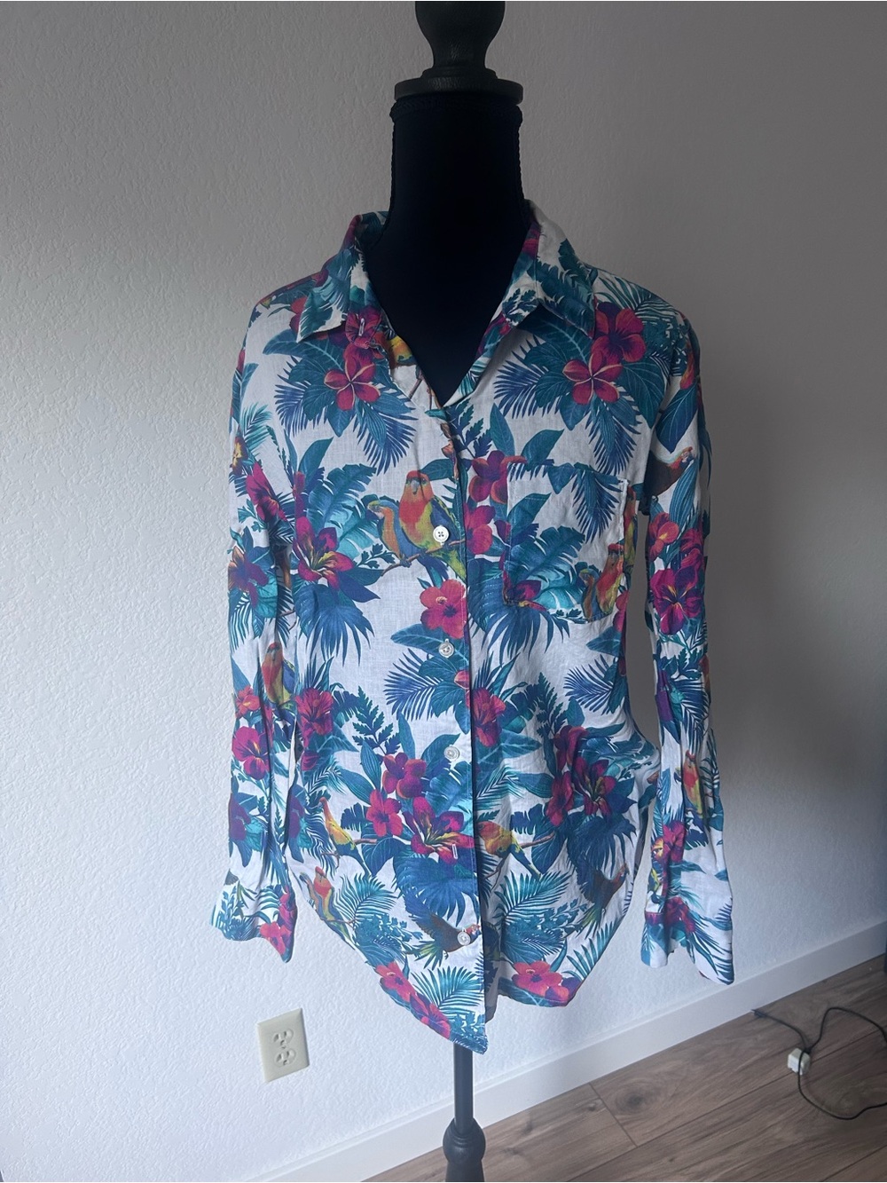 Tropical Floral Button-Up Shirt in Teal & Pink 100% Linen Beach Vacation
